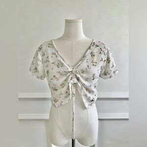 Ardene Women's Top Floral Ruched Tie Front Crop Top Short Sleeves Drawstring L